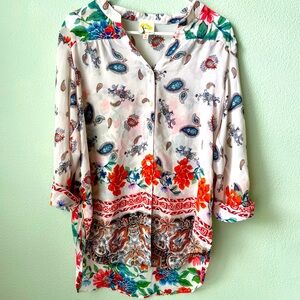 Fig & Flower Semi Sheer Long Sleeve Boho Floral/Paisley Print Blouse Size Large